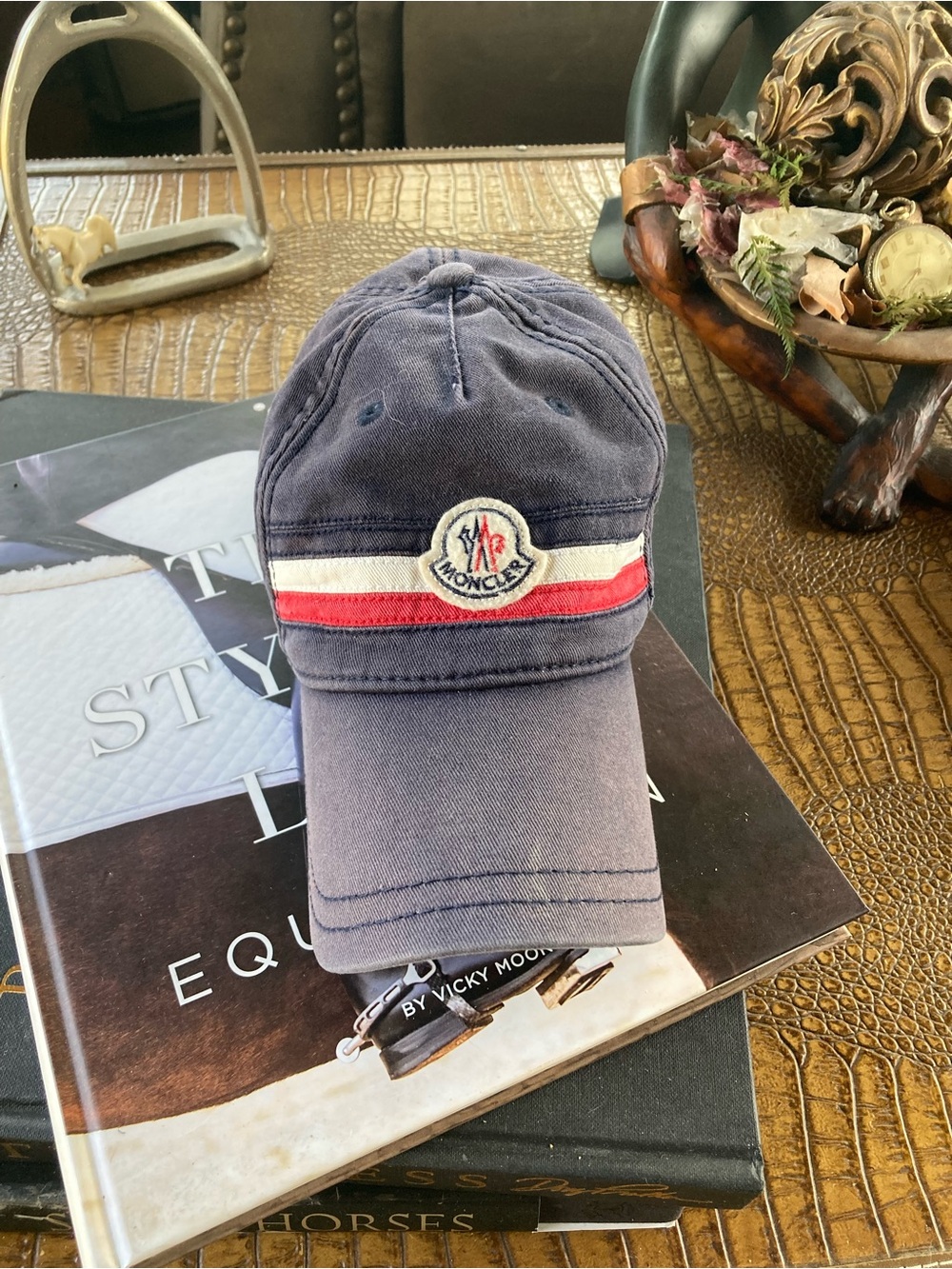Vintage Moncler Navy Cap with Red & White Stripe